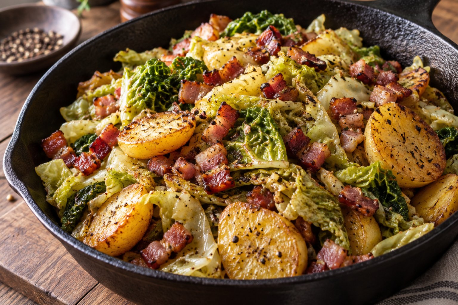 Gebratener Wirsing mit Speck und Kartoffeln – Rezept mit Kalorien und Nährwerten