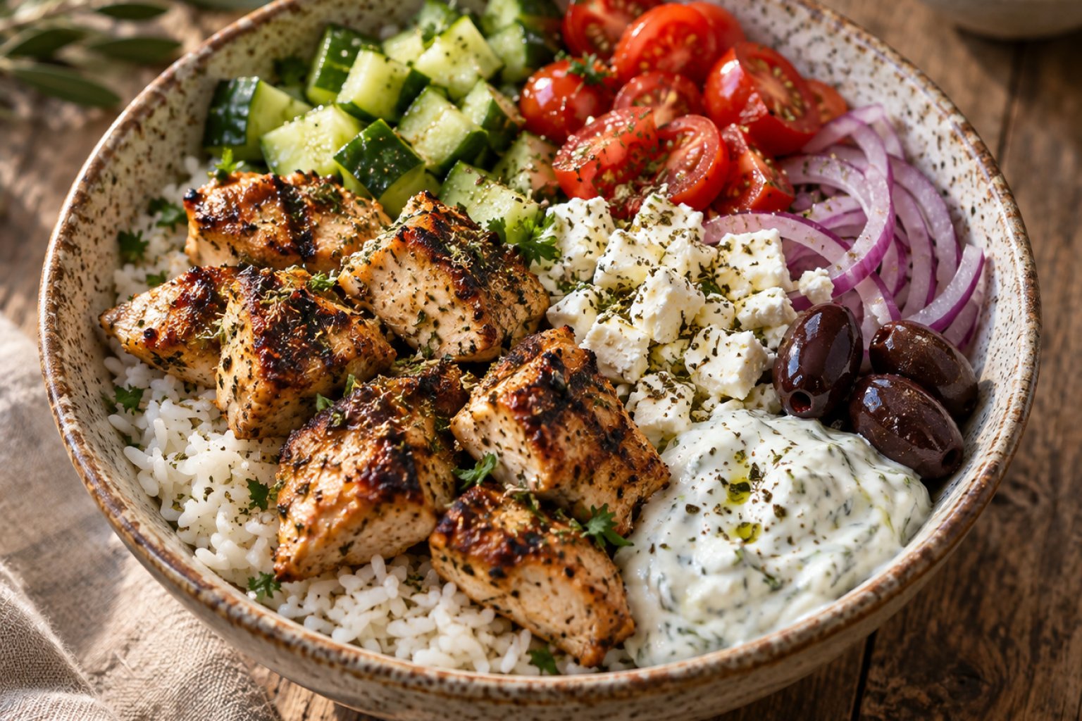 Hähnchen-Souvlaki-Bowl mit Reis – Rezept mit Kalorien und Nährwerten