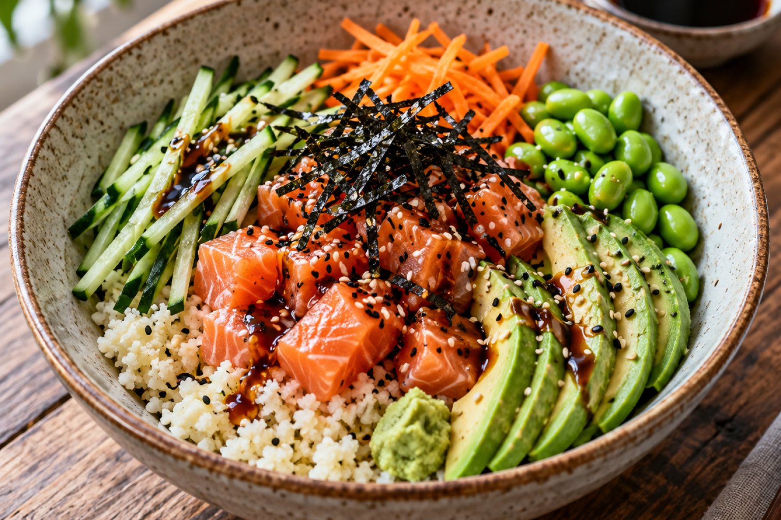 Sushi-Bowl mit Lachs und Avocado – Rezept mit Kalorien und Nährwerten