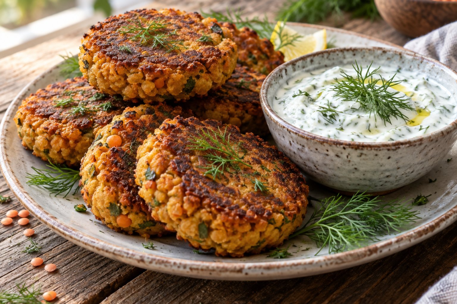 Rote-Linsen-Frikadellen mit Joghurtdip – Rezept mit Kalorien und Nährwerten