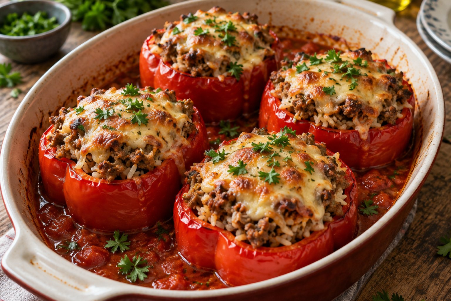 Gefüllte Paprika mit Hackfleisch und Reis – Rezept mit Kalorien und Nährwerten