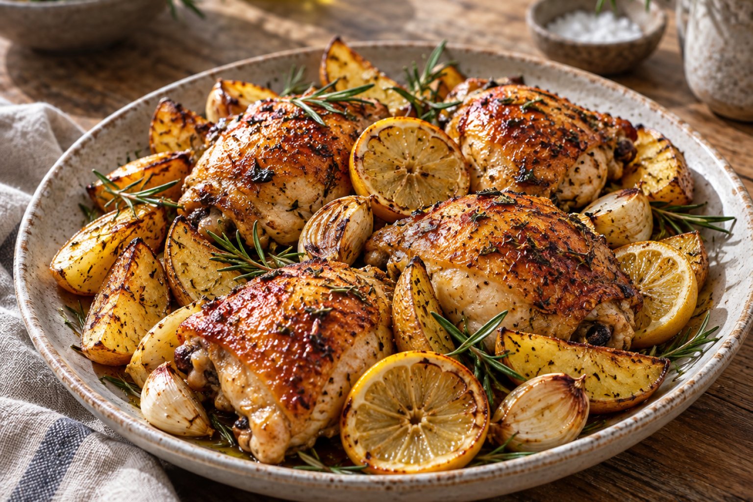 Gebackene Zitronen-Hähnchenkeulen mit Rosmarinkartoffeln – Rezept mit Kalorien und Nährwerten
