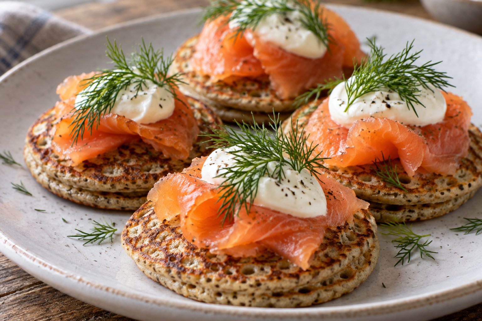 Buchweizen-Blini mit Räucherlachs und Dill – Rezept mit Kalorien und Nährwerten
