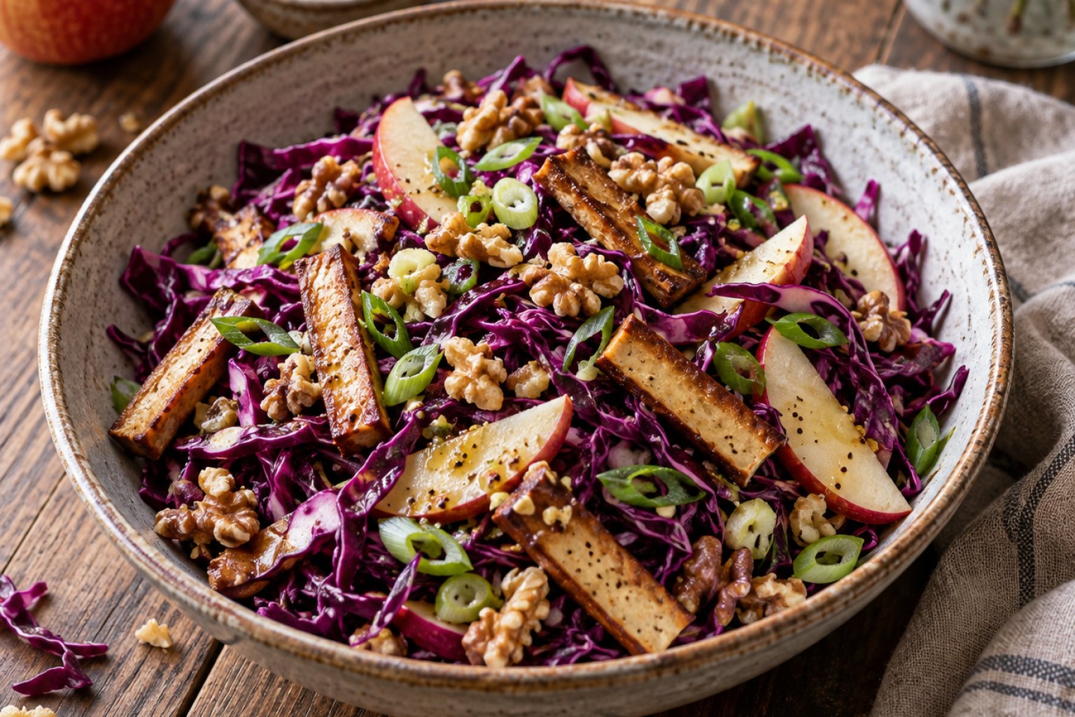 Marinierter Räuchertofu-Salat mit Rotkohl und Apfel – Rezept mit Kalorien und Nährwerten