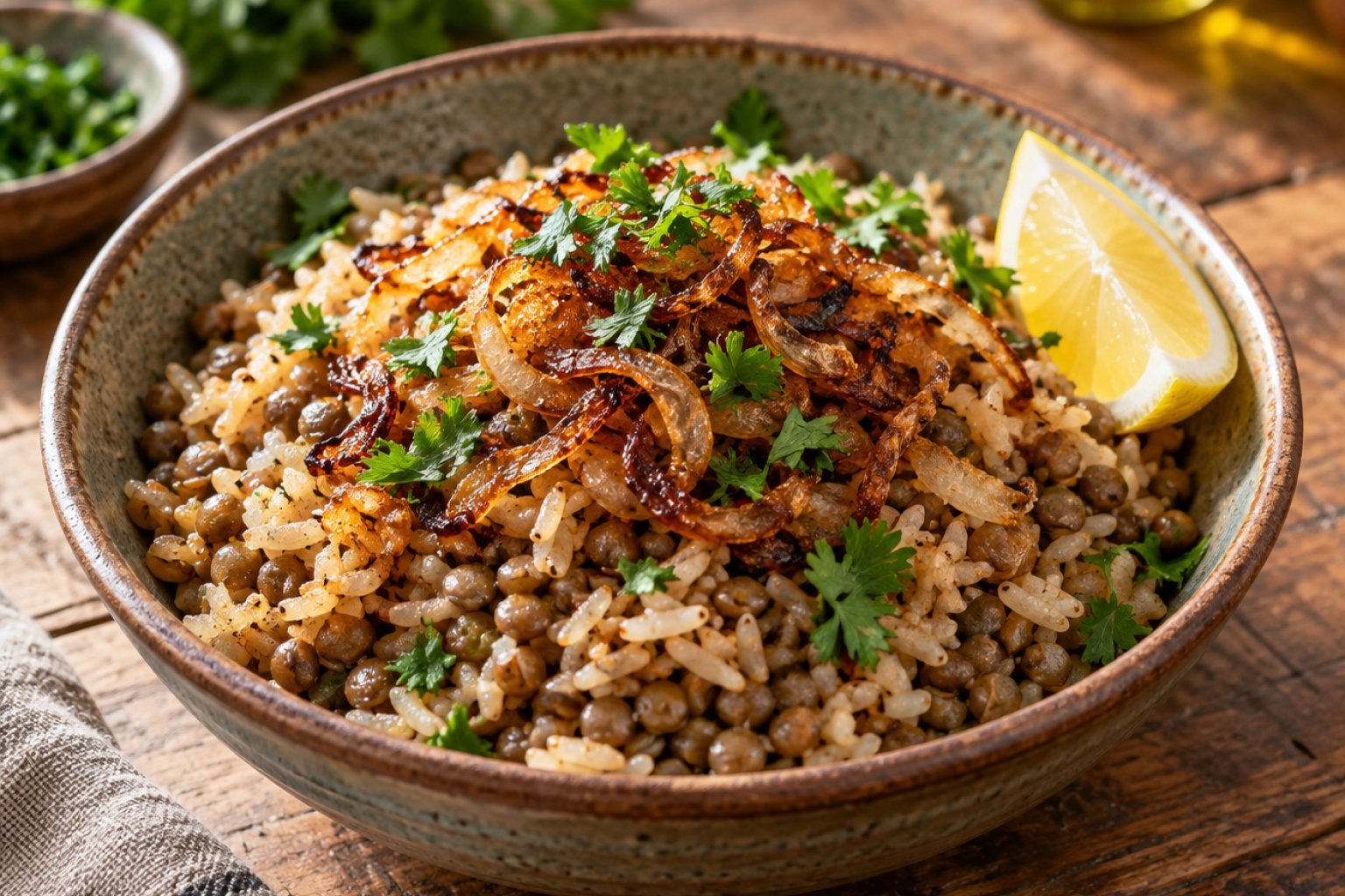 Libanesische Linsen-Reis-Bowl Mujaddara mit Röstzwiebeln – Rezept mit Kalorien und Nährwerten