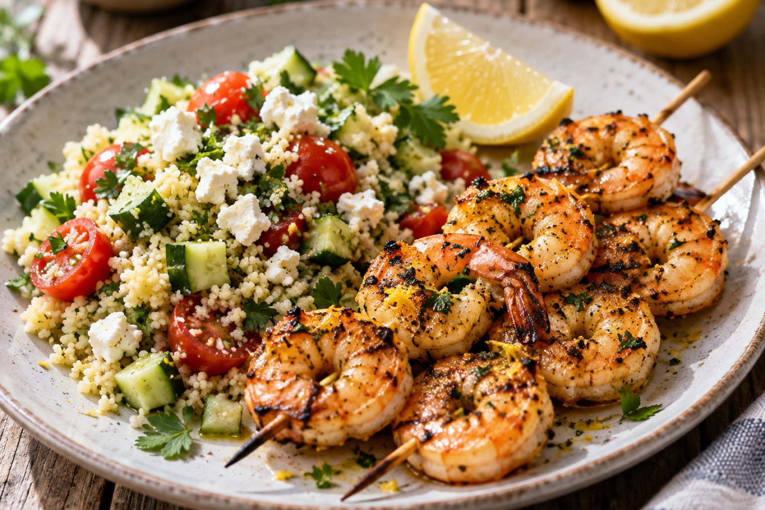 Gebackene Zitronen-Garnelen-Spieße mit Couscous-Salat – Rezept mit Kalorien und Nährwerten