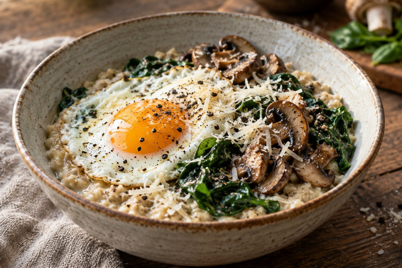 Herzhafte Protein-Oats mit Ei und Pilzen – Rezept mit Kalorien und Nährwerten