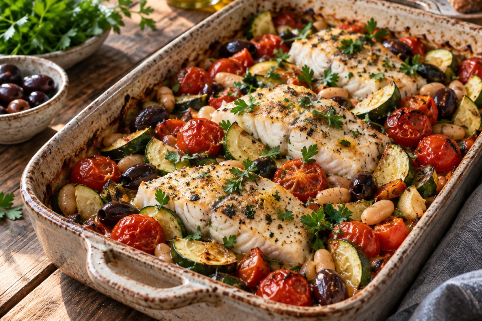Mediterranes Seelachsblech mit Tomaten und weißen Bohnen – Rezept mit Kalorien und Nährwerten