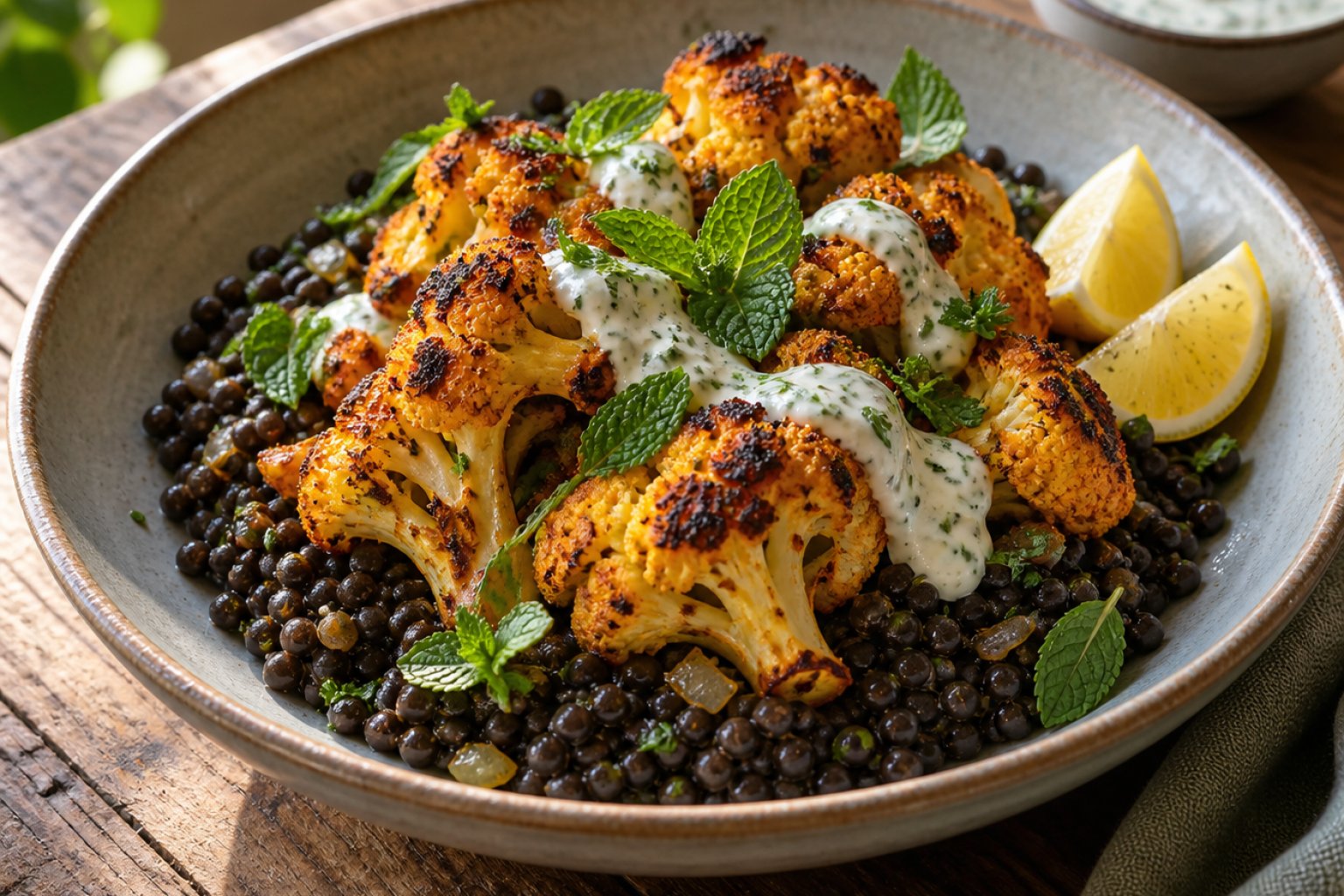 Tandoori-Blumenkohl mit Belugalinsen und Minzjoghurt – Rezept mit Kalorien und Nährwerten