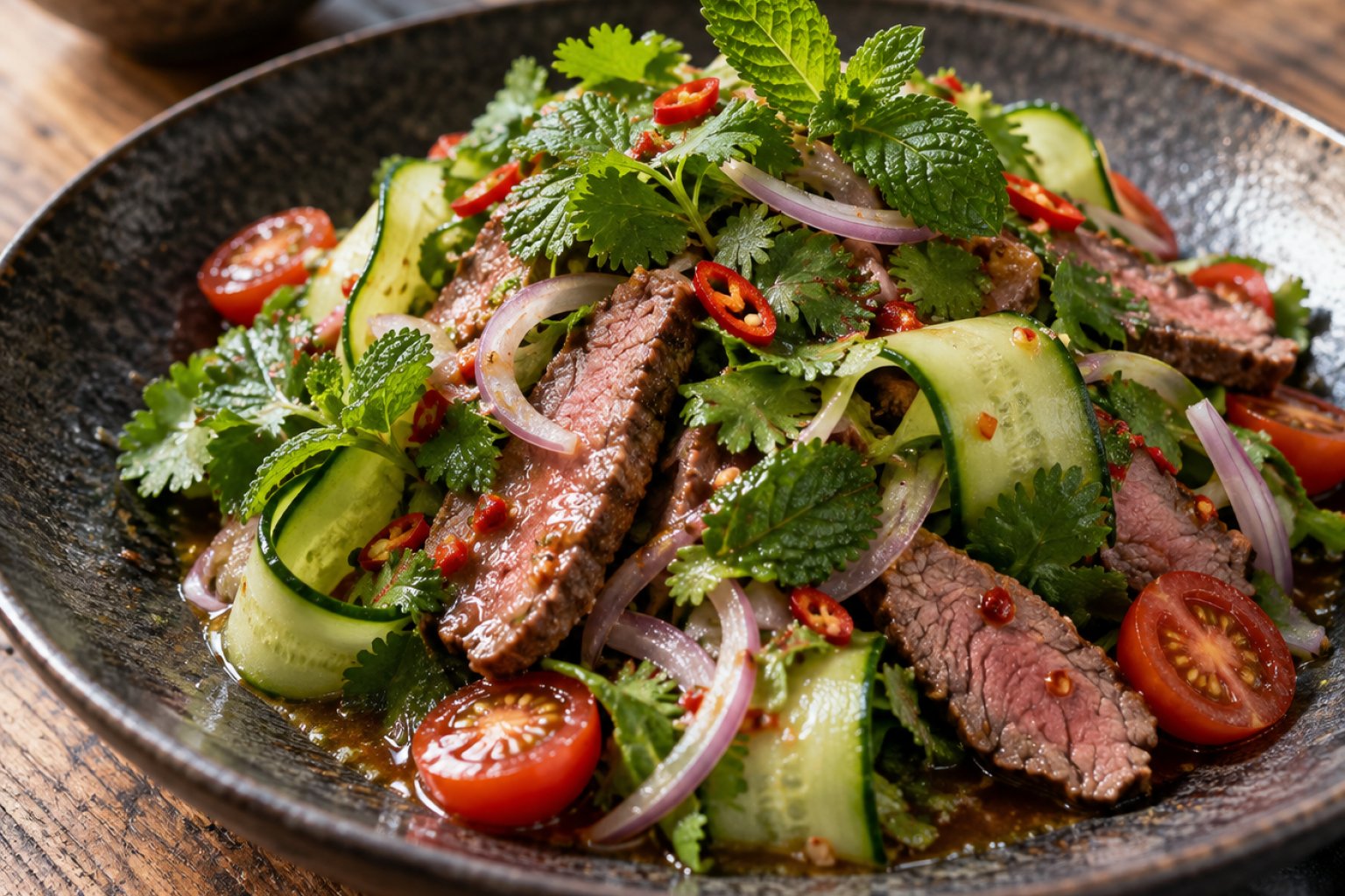 Thai Rindfleischsalat mit Gurke und Kräutern – Rezept mit Kalorien und Nährwerten