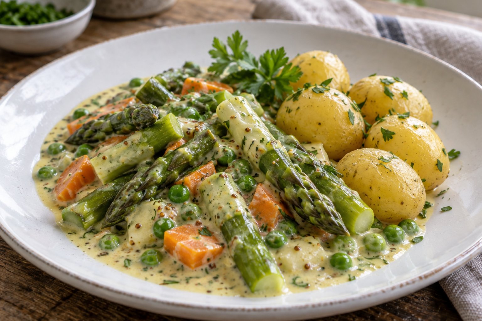 Spargelragout mit Kartoffeln und Kräuter-Senfsauce – Rezept mit Kalorien und Nährwerten