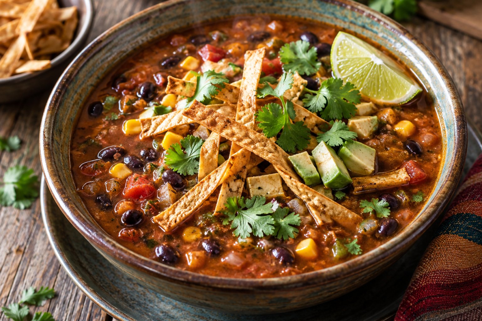 Tortilla-Suppe mit schwarzen Bohnen und Limette – Rezept mit Kalorien und Nährwerten