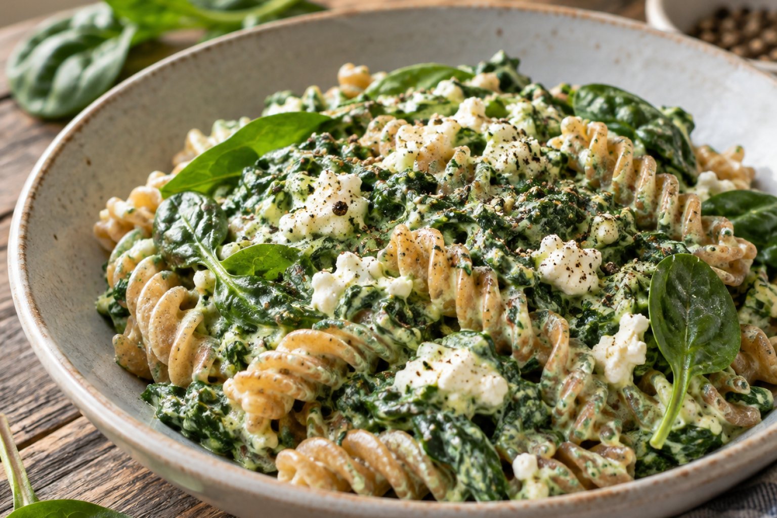 Vollkornpasta mit Hüttenkäse-Spinat-Sauce – Rezept mit Kalorien und Nährwerten