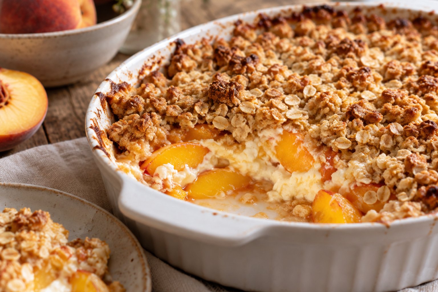 Pfirsich-Quark-Crumble mit Haferstreuseln – Rezept mit Kalorien und Nährwerten
