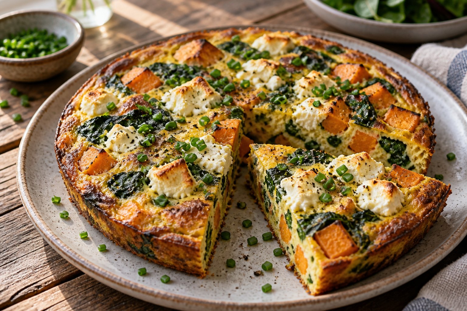Gebackene Ofen-Frittata mit Süßkartoffel und Ziegenkäse – Rezept mit Kalorien und Nährwerten