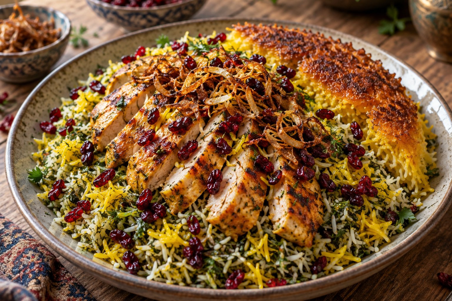 Persischer Kräuterreis mit Berberitzen und Hähnchen – Rezept mit Kalorien und Nährwerten