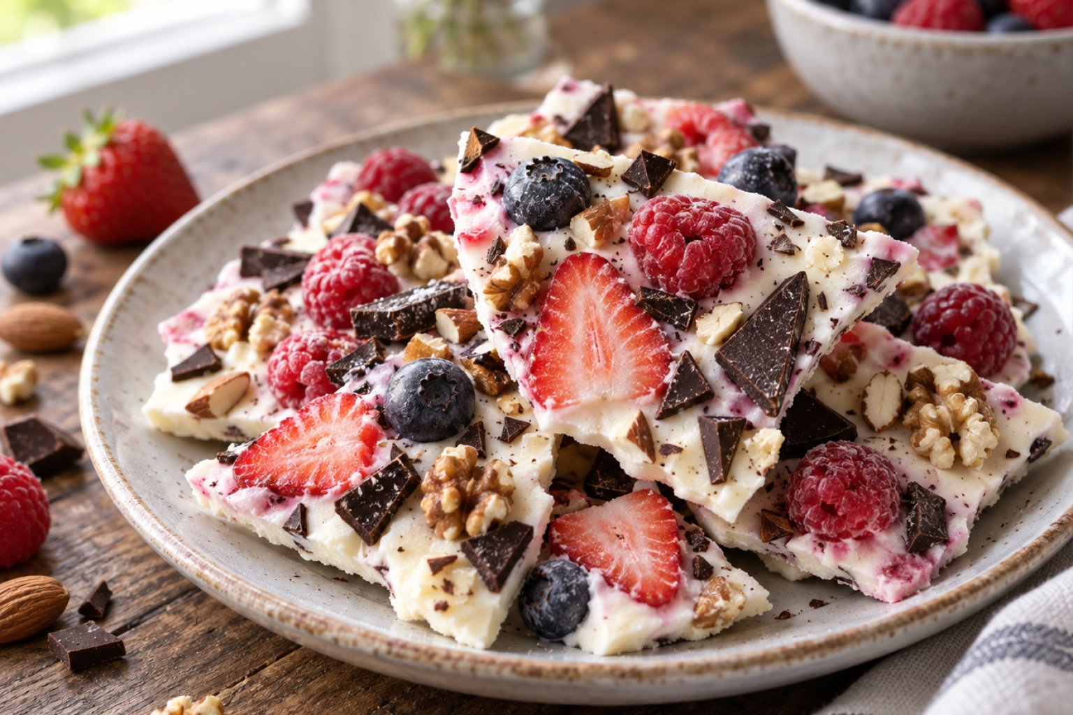 Protein-Frozen-Joghurt-Rinde mit Beeren und Nüssen