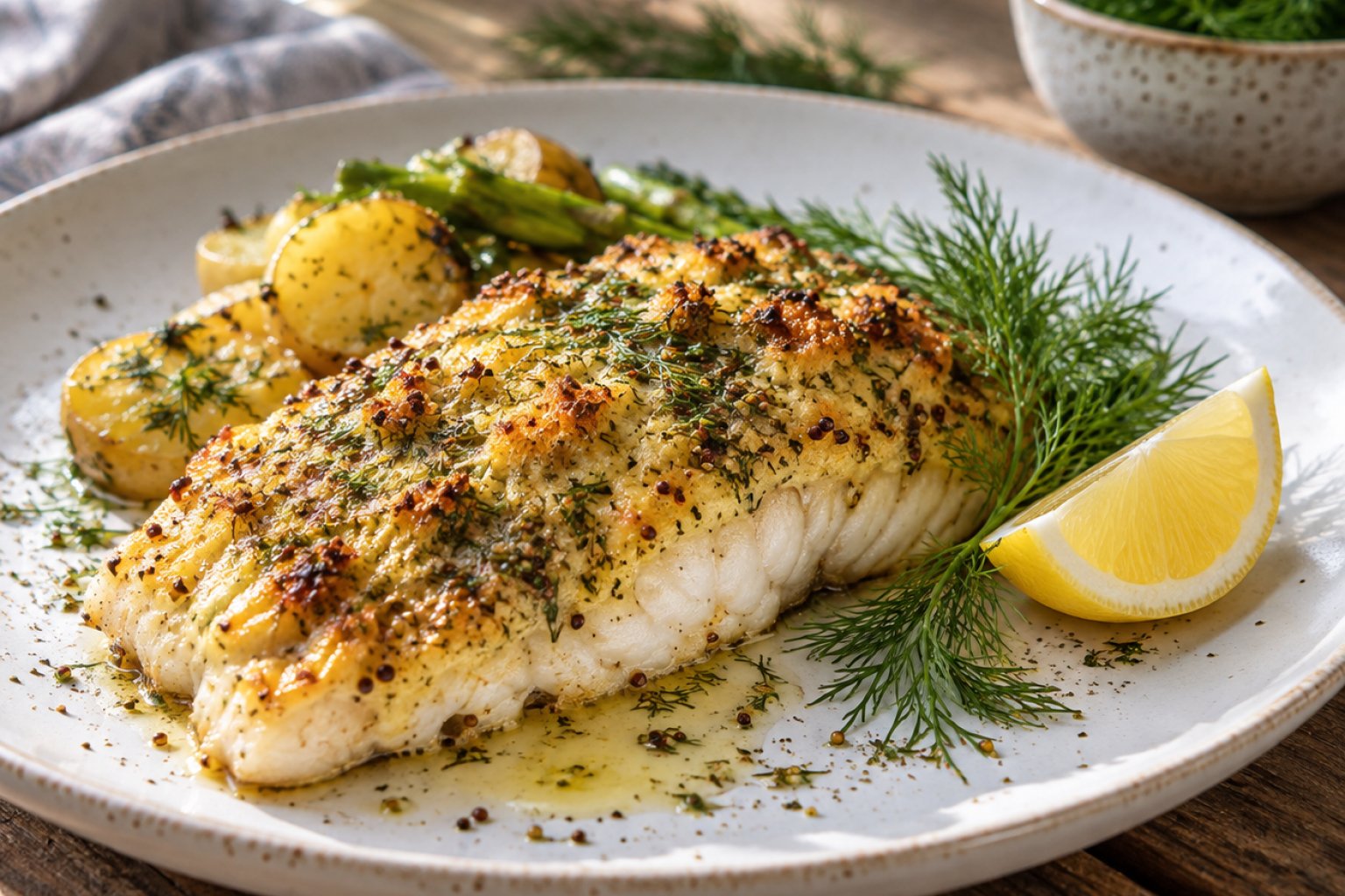 Gebackenes Zanderfilet mit Senf-Dill-Kruste – Rezept mit Kalorien und Nährwerten
