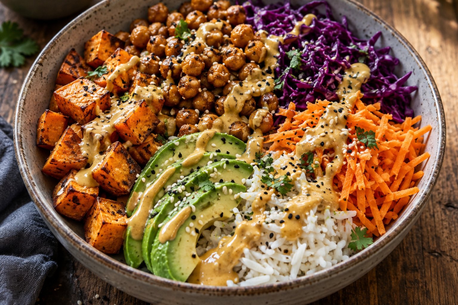 Süßkartoffel-Kichererbsen-Buddha-Bowl mit Curry-Dressing – Rezept mit Kalorien und Nährwerten