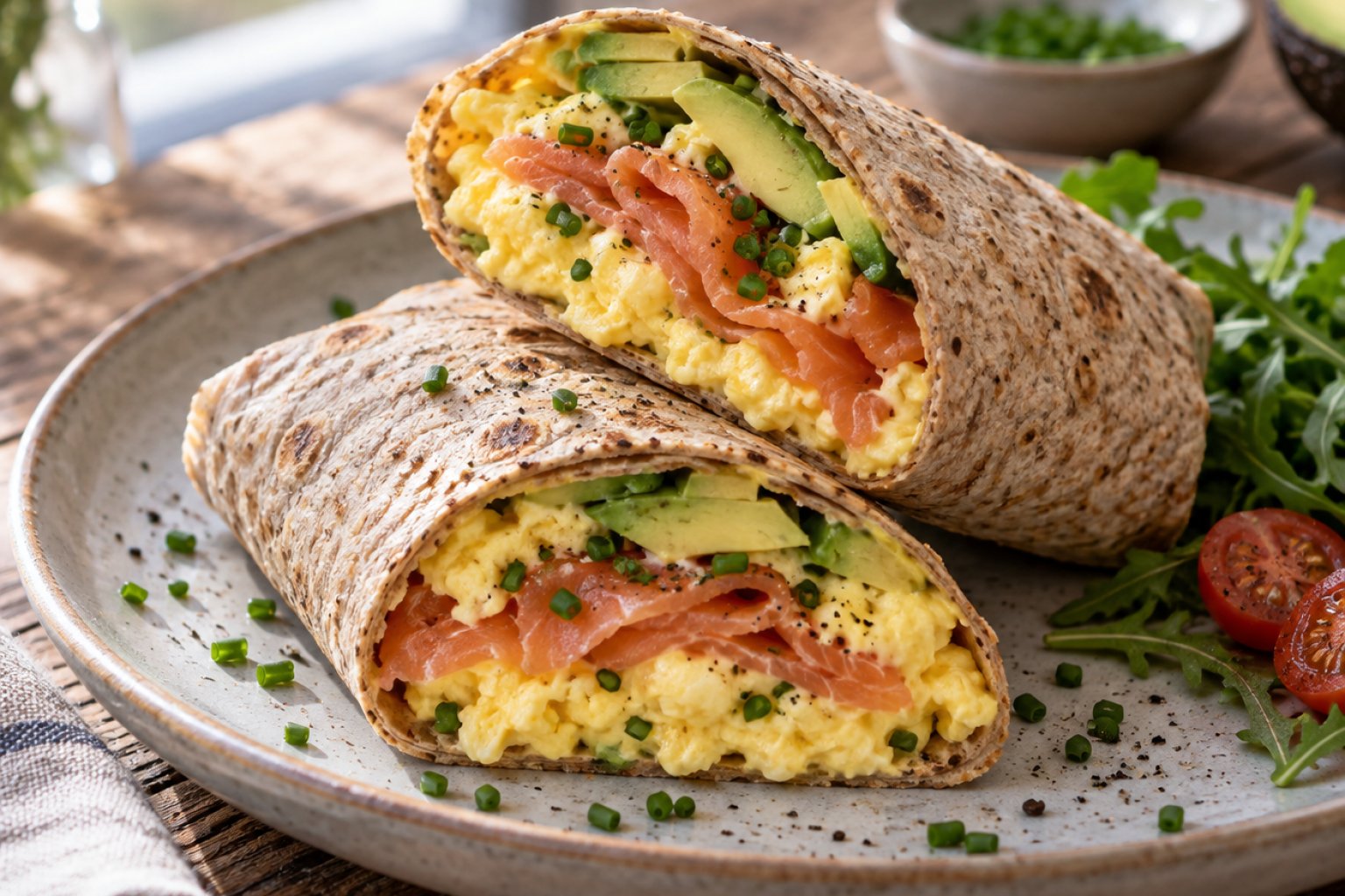 Rührei-Wrap mit Räucherlachs und Avocado – Rezept mit Kalorien und Nährwerten