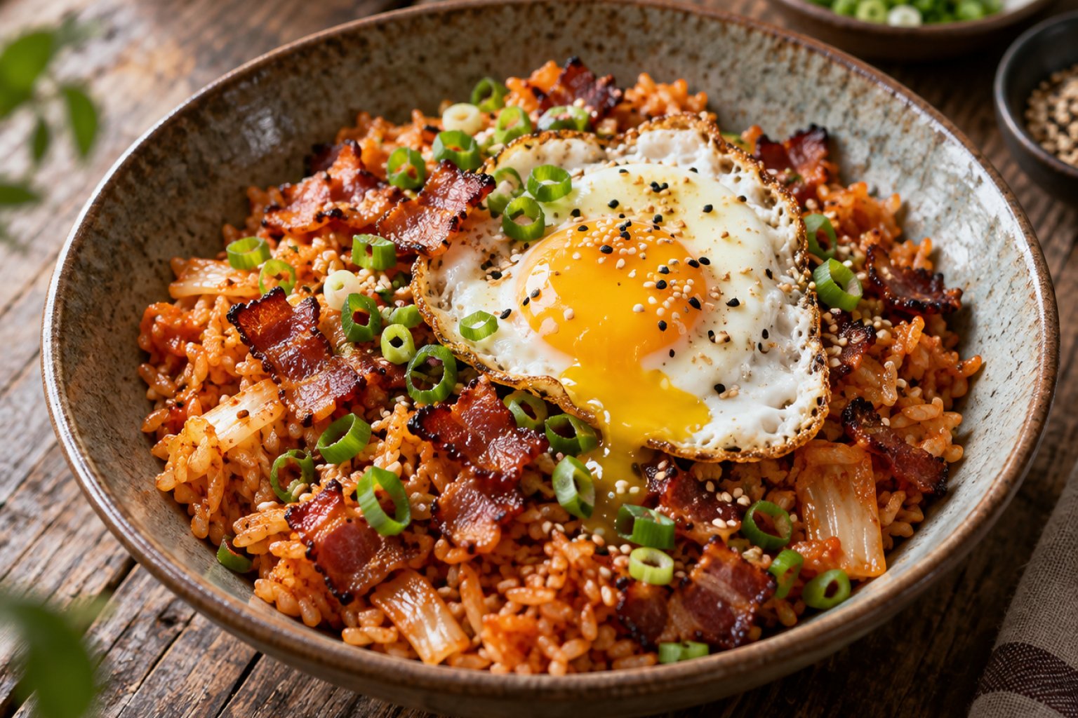 Kimchi-Fried-Rice mit Speck und Spiegelei