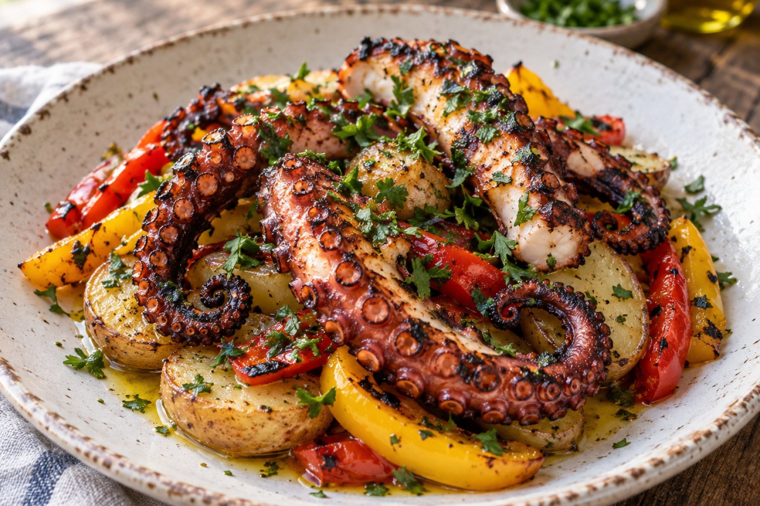Gegrillter Oktopus mit Kartoffeln und Paprika