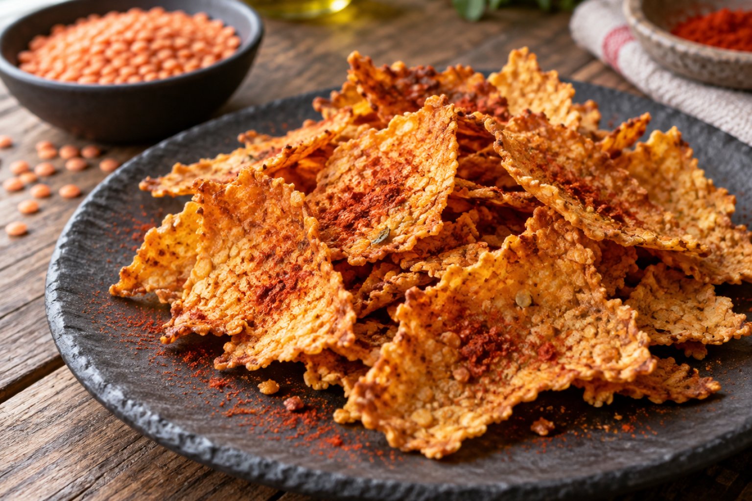 Rote-Linsen-Chips aus dem Ofen