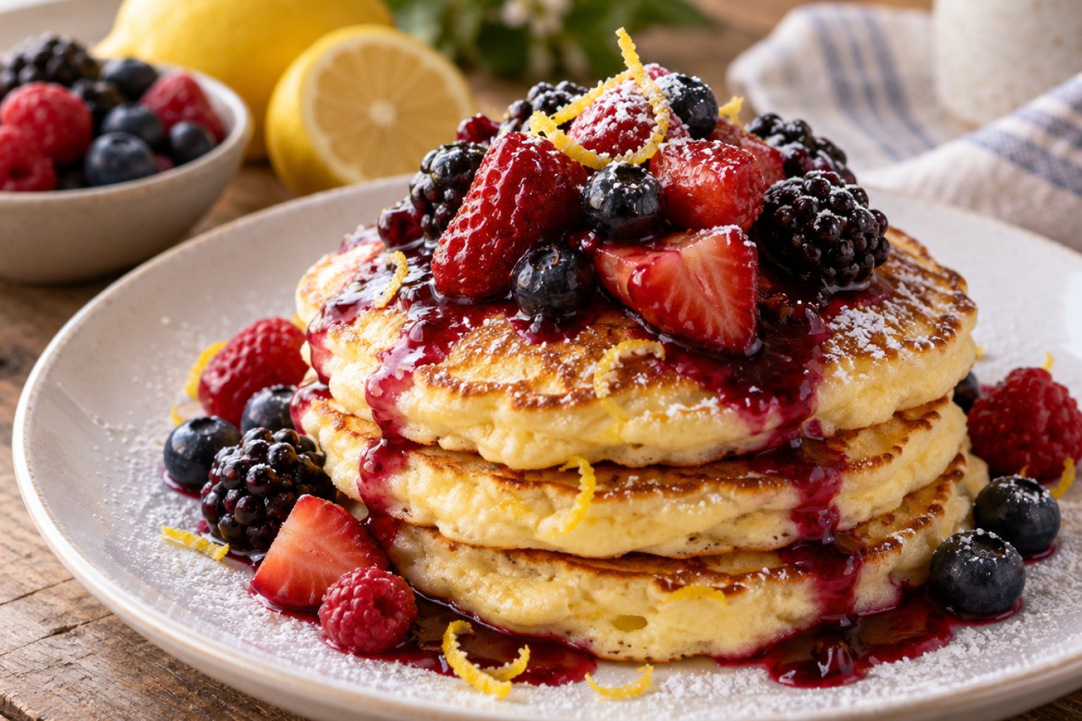 Zitronen-Ricotta-Pfannkuchen mit Beeren