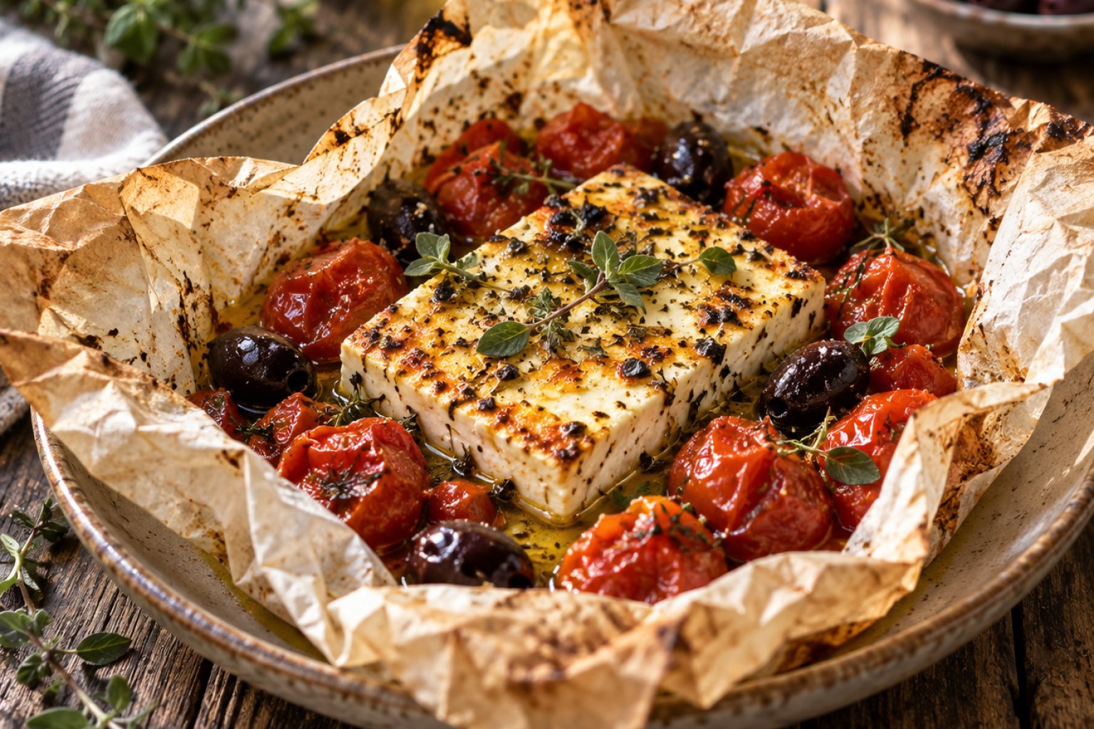 Gegrillter Feta in Folie mit Tomaten und Oliven