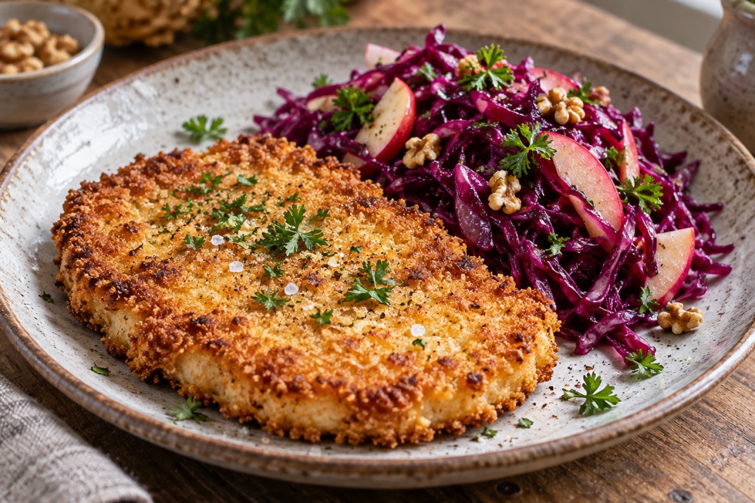 Gebackenes Sellerieschnitzel mit Apfel-Rotkohl-Salat