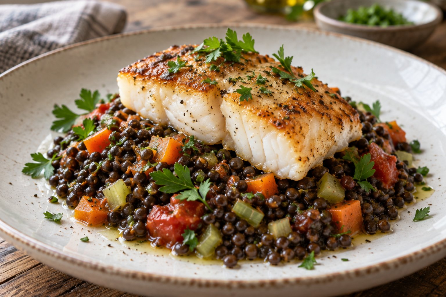 Gebratenes Kabeljaufilet auf Linsengemüse – Rezept mit Kalorien und Nährwerten