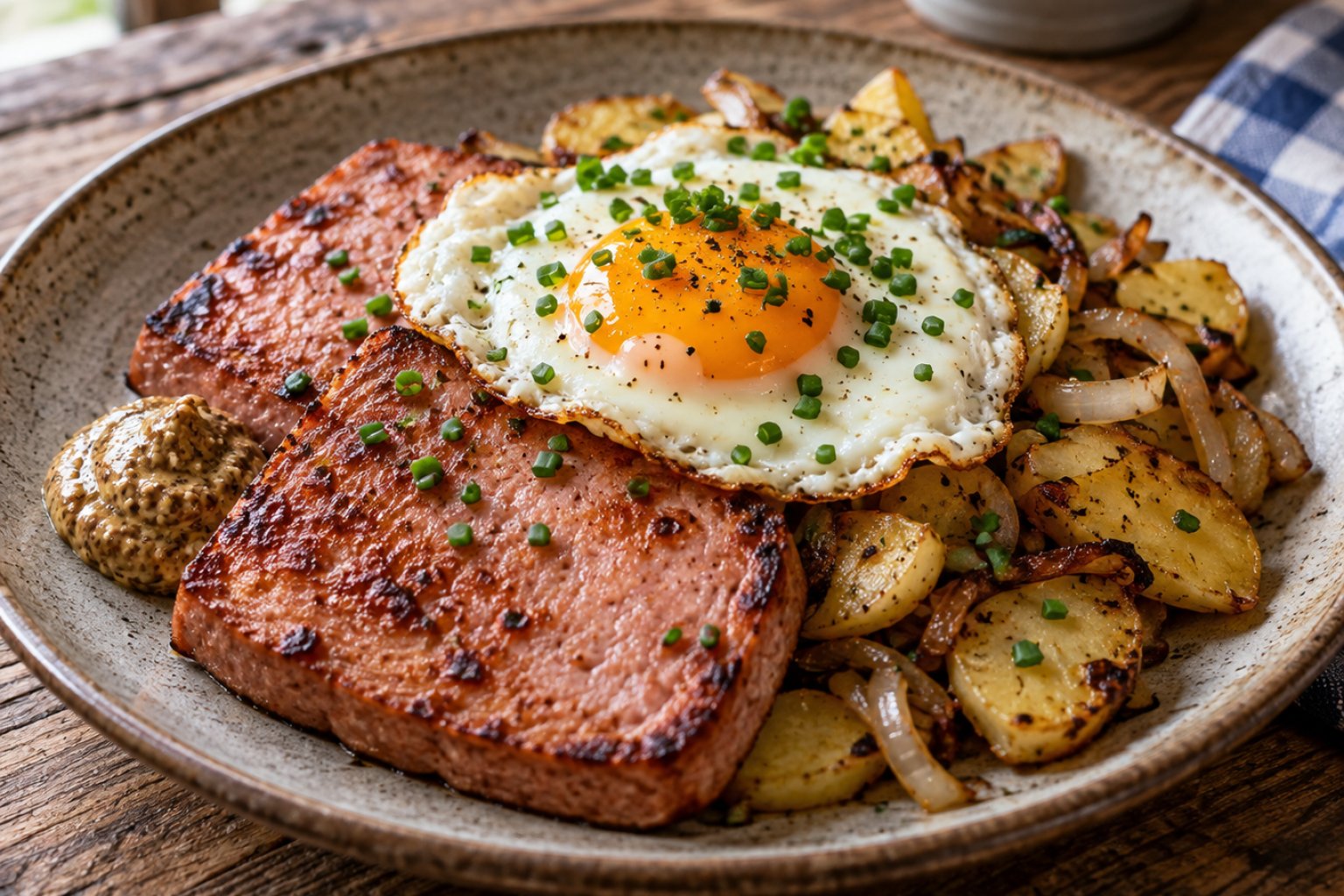 Bayerischer Leberkäse mit Spiegelei und Bratkartoffeln