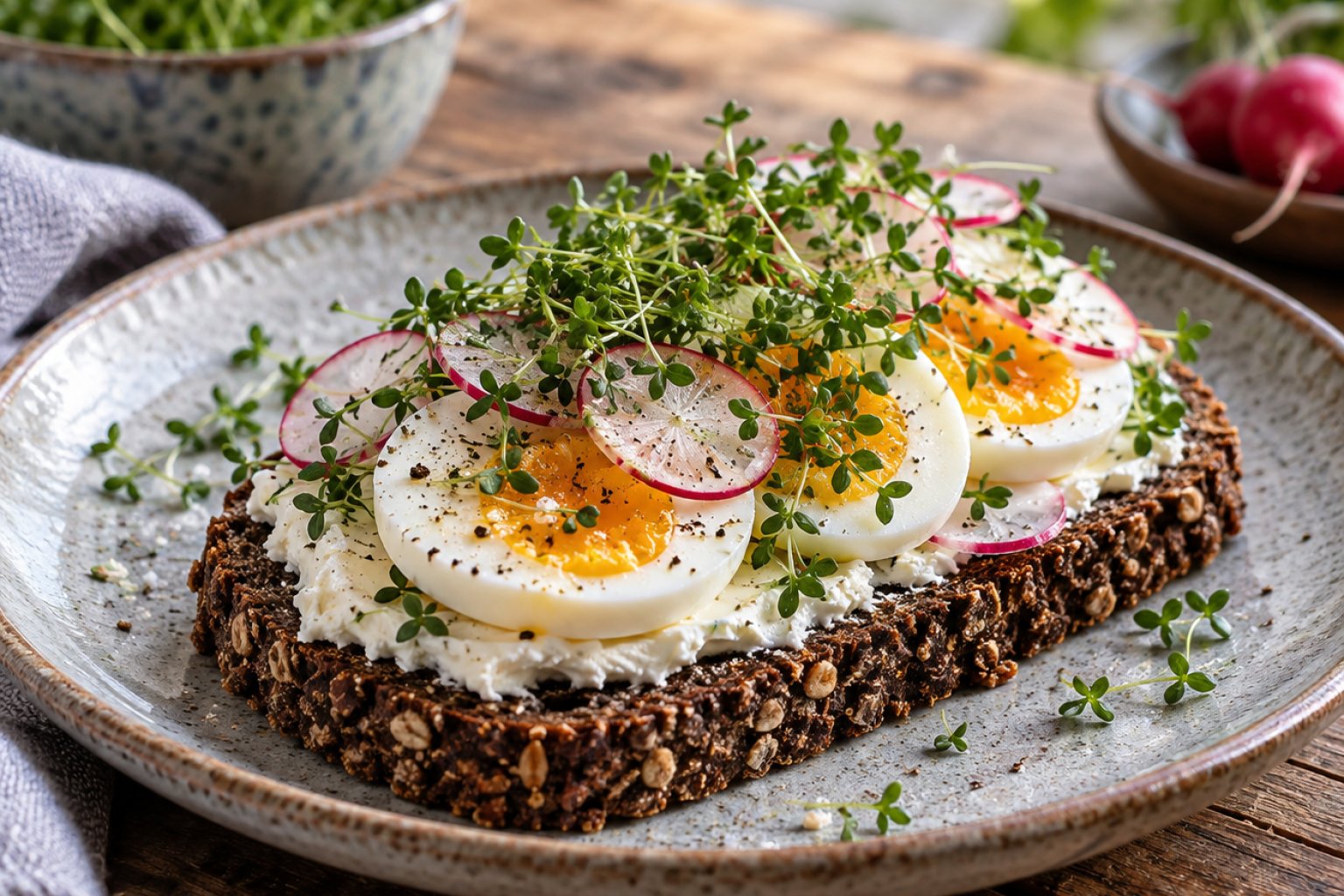 Skandinavisches Roggenbrot-Sandwich mit Ei und Kresse