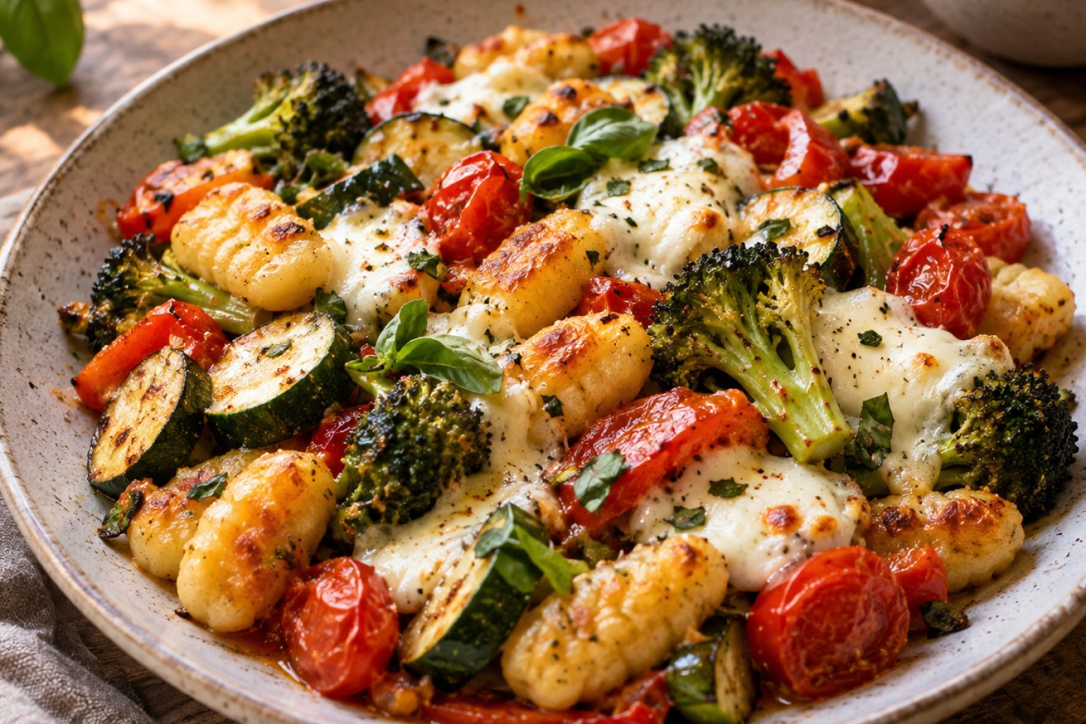 Gnocchi-Gemüse-Blech mit proteinreichem Mozzarella – Rezept mit Kalorien und Nährwerten