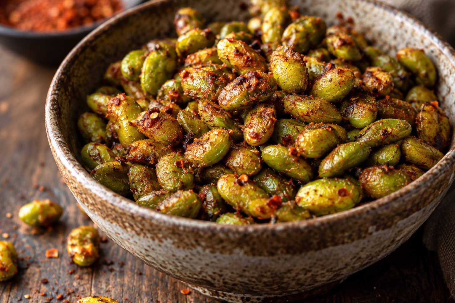 Knusprige Edamame mit Paprika und Chili