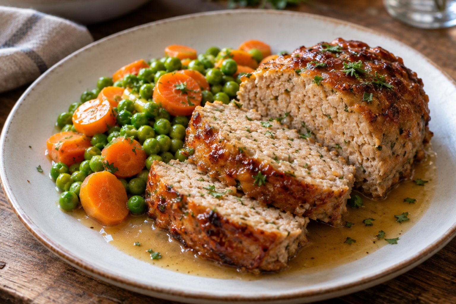Putenhackbraten mit Erbsen-Möhren-Gemüse – Rezept mit Kalorien und Nährwerten