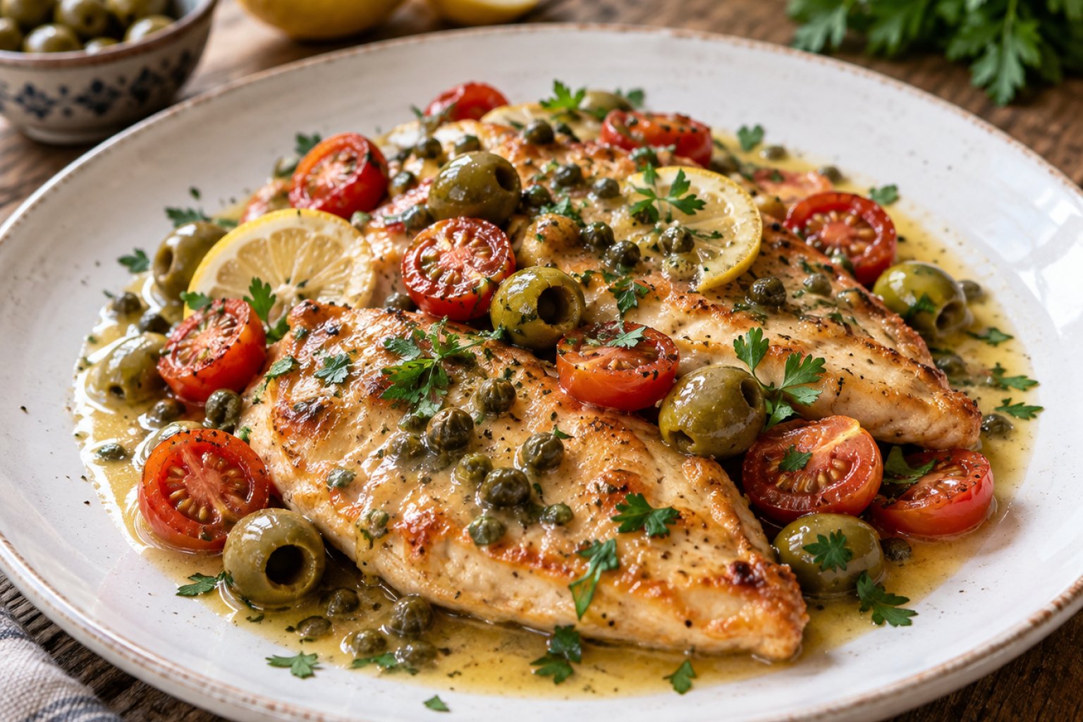Hähnchen Piccata mit Tomaten und Oliven