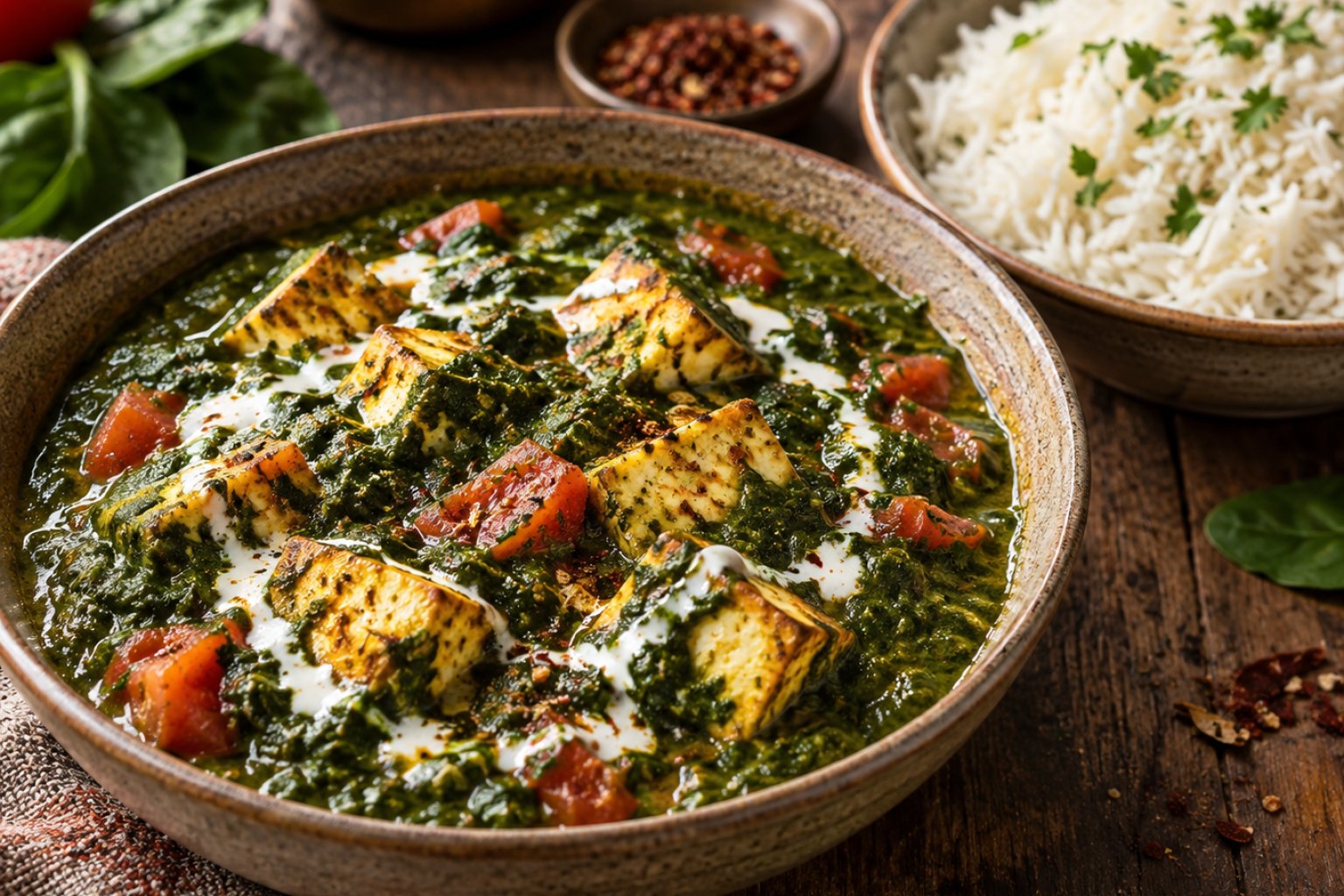 Palak Paneer mit Tomaten und Gewürzen