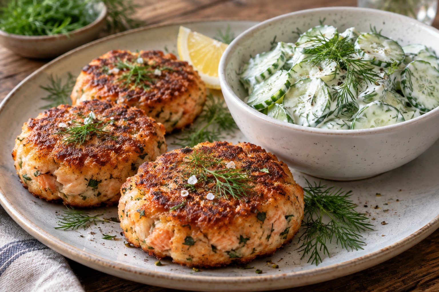 Lachsfrikadellen mit Dill-Gurkensalat