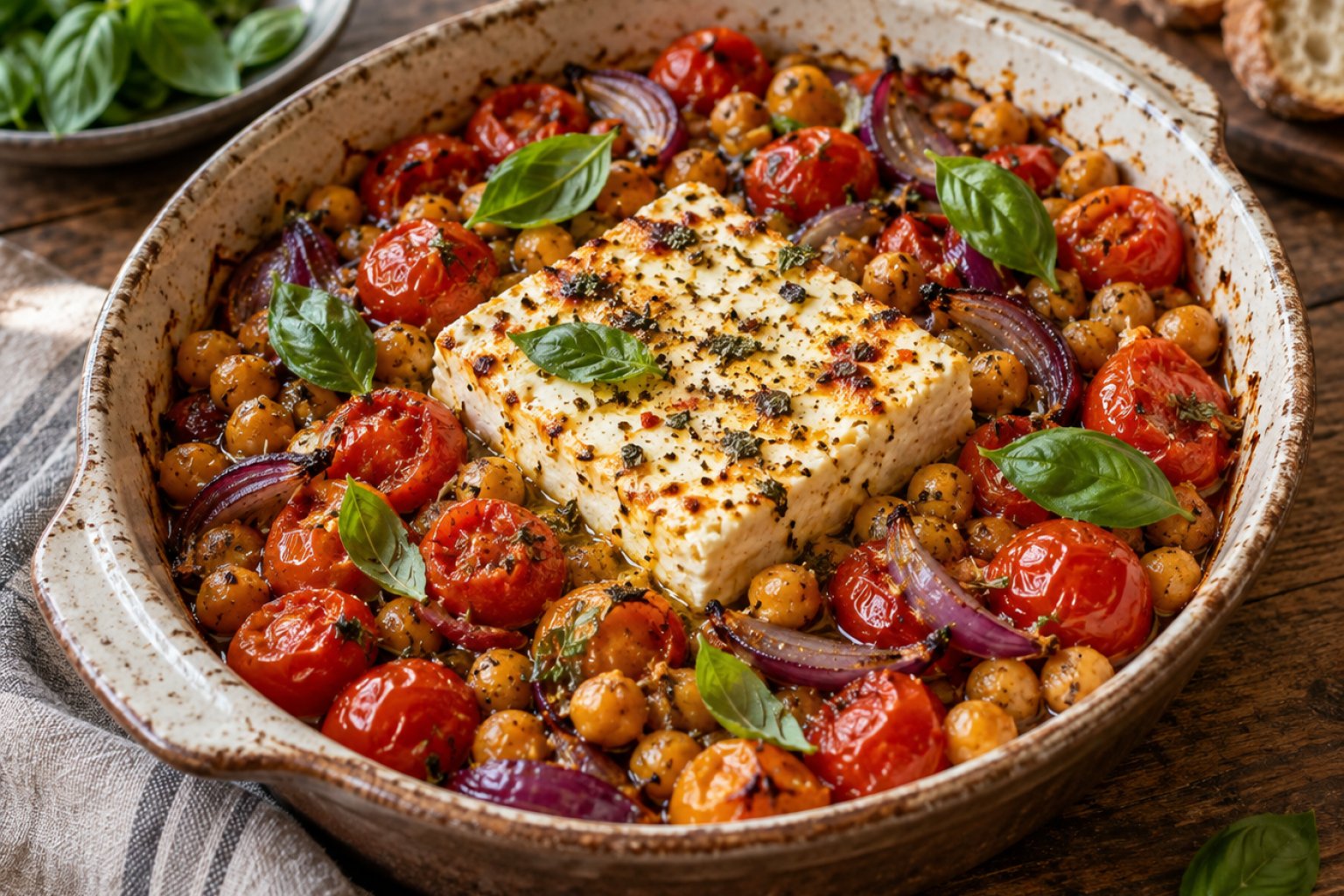 Gebackene Feta-Kichererbsen-Pfanne mit Tomaten