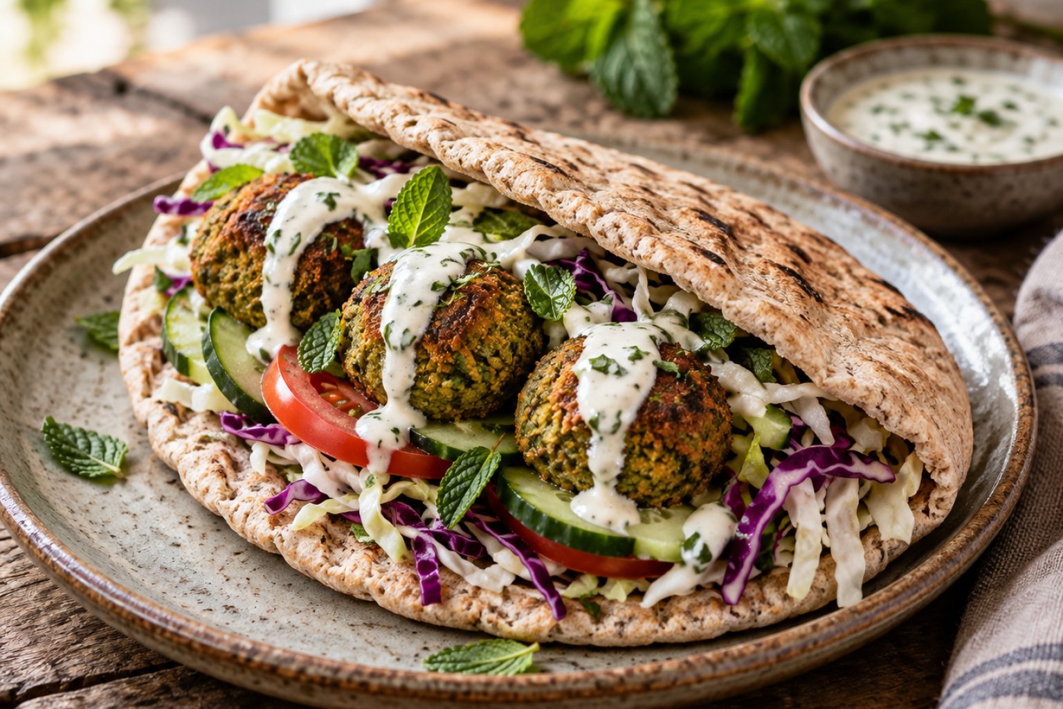 Vegane Erbsen-Pfefferminz-Falafel im Fladenbrot