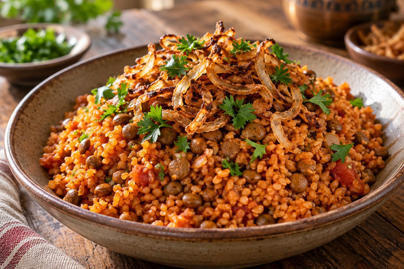 Türkischer Linsen-Bulgur-Pilav mit Röstzwiebeln – Rezept mit Kalorien und Nährwerten