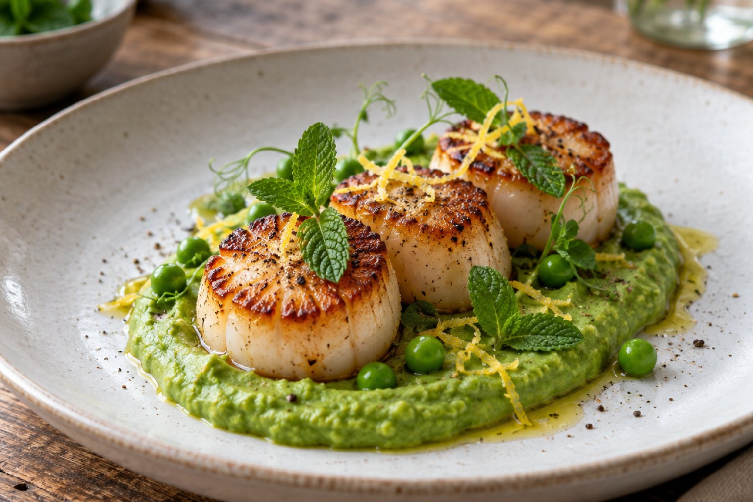 Gegrillte Jakobsmuscheln mit Erbsenpüree