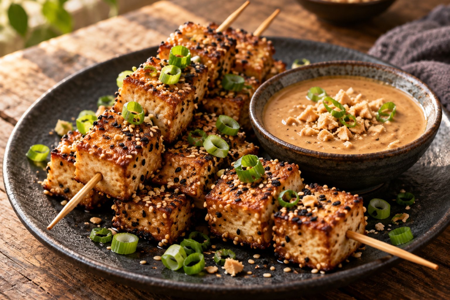 Gebackener Tofu-Sesam-Spieß mit Erdnuss-Dip