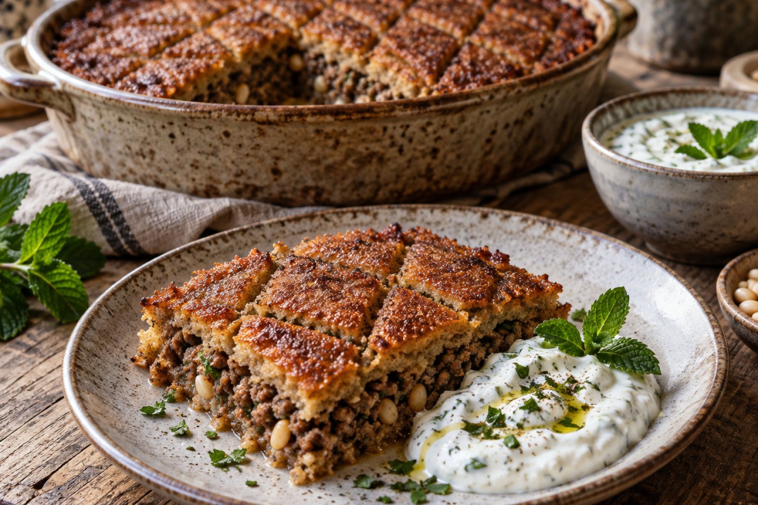 Libanesischer Kibbeh-Auflauf mit Joghurtsauce