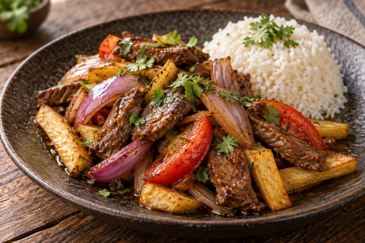Peruanisches Lomo Saltado mit Rindfleisch – Rezept mit Kalorien und Nährwerten