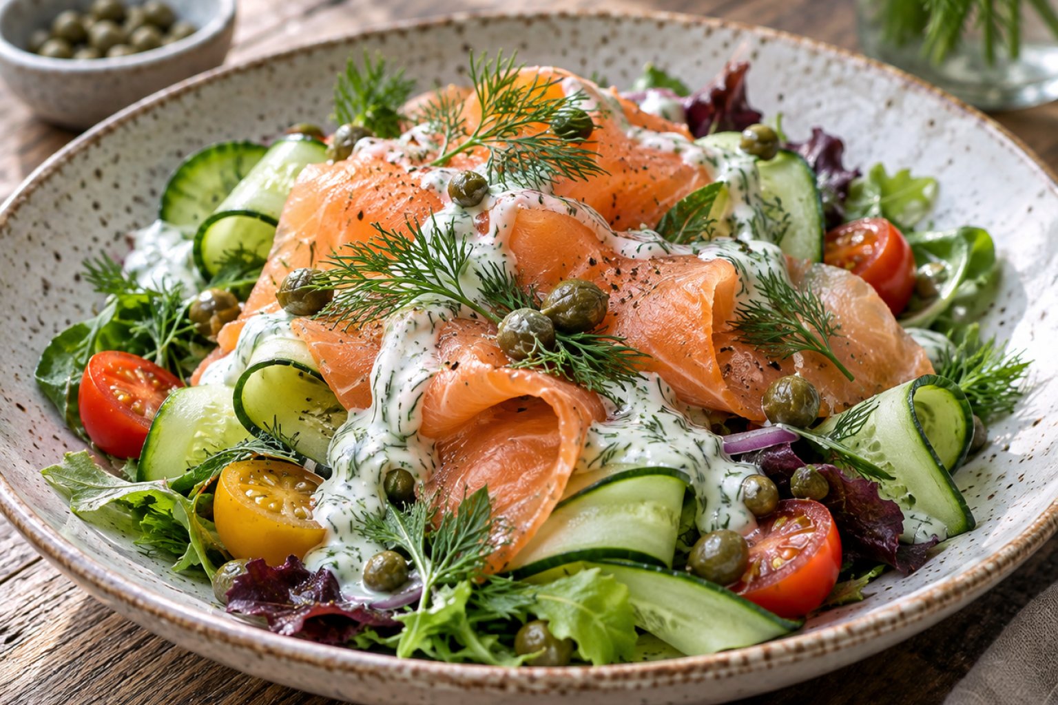 Norwegischer Lachs-Räucherfisch-Salat mit Dill
