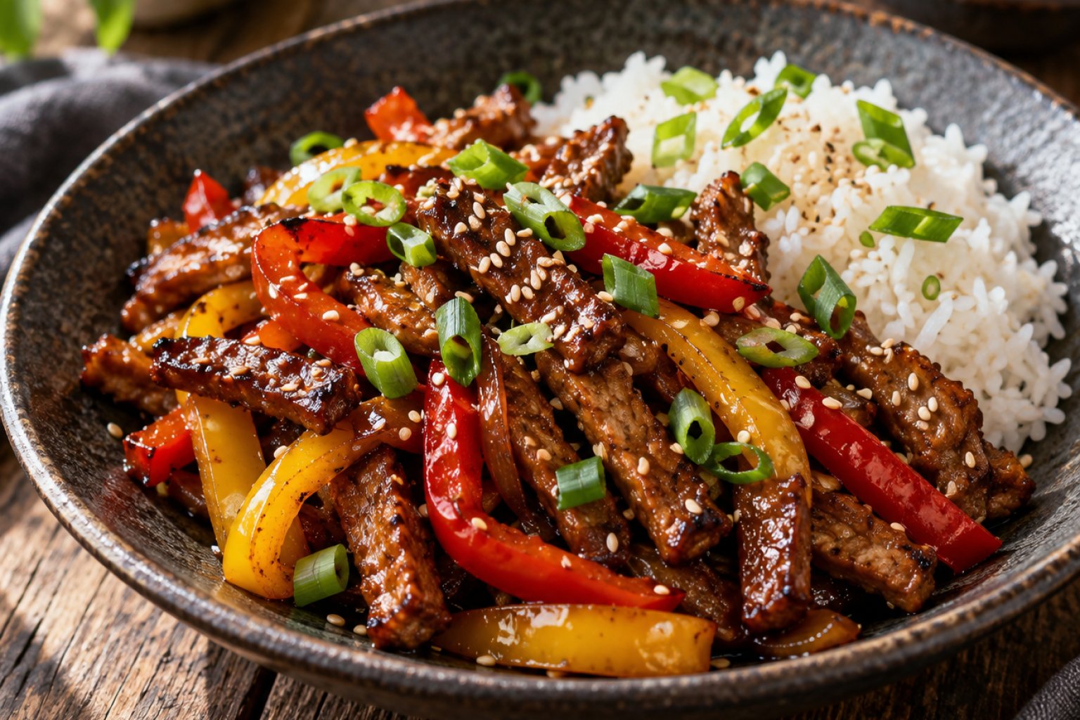 Gebratener Seitan mit Paprika und Sojasauce