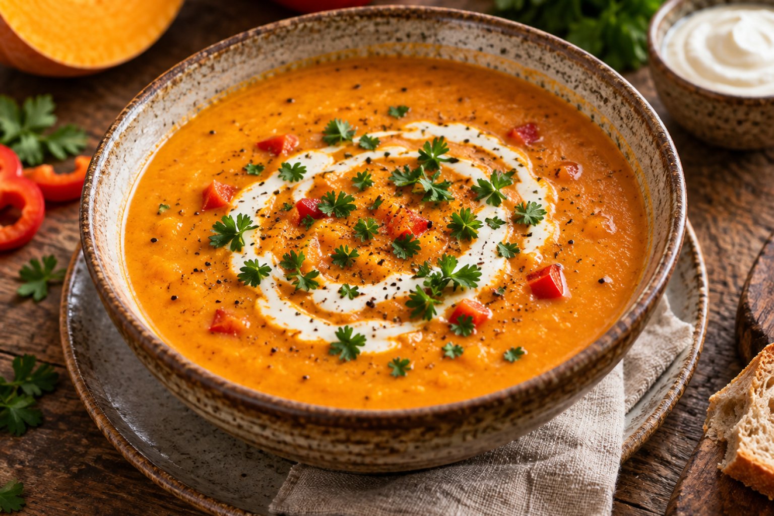 Ungarische Kürbis-Paprika-Suppe mit Sauerrahm