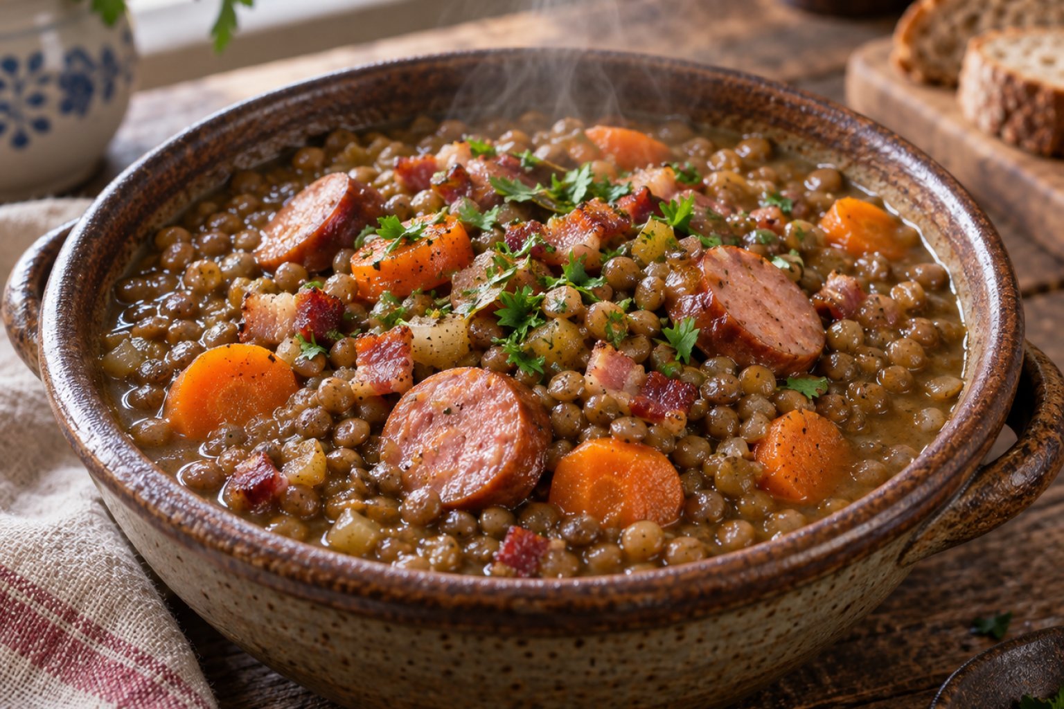 Deutscher Linsentopf mit Speck und Würstchen – Rezept mit Kalorien und Nährwerten